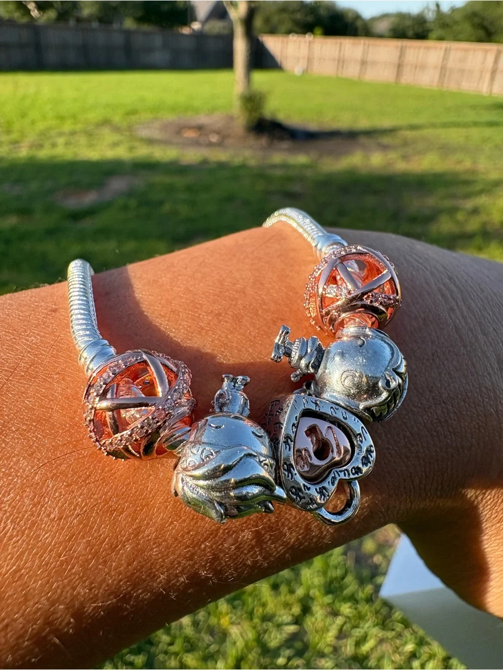 Pandora Two-Tone Heart & Rose Charm Bracelet in Pink and Silver - Picture 9 of 9